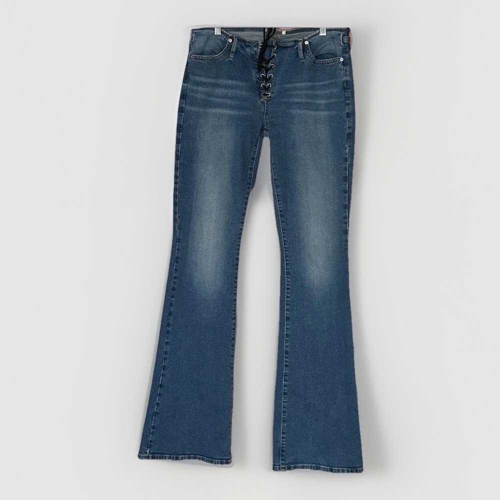 Women's Lace Up Front Flare Jeans Low Rise Bootcut Light Wash Y2K Boho Festival